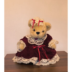 Vintage Teddy Bear In Burgundy Red Velour Dress Lace Trim & Bonnet Fancy Elegant